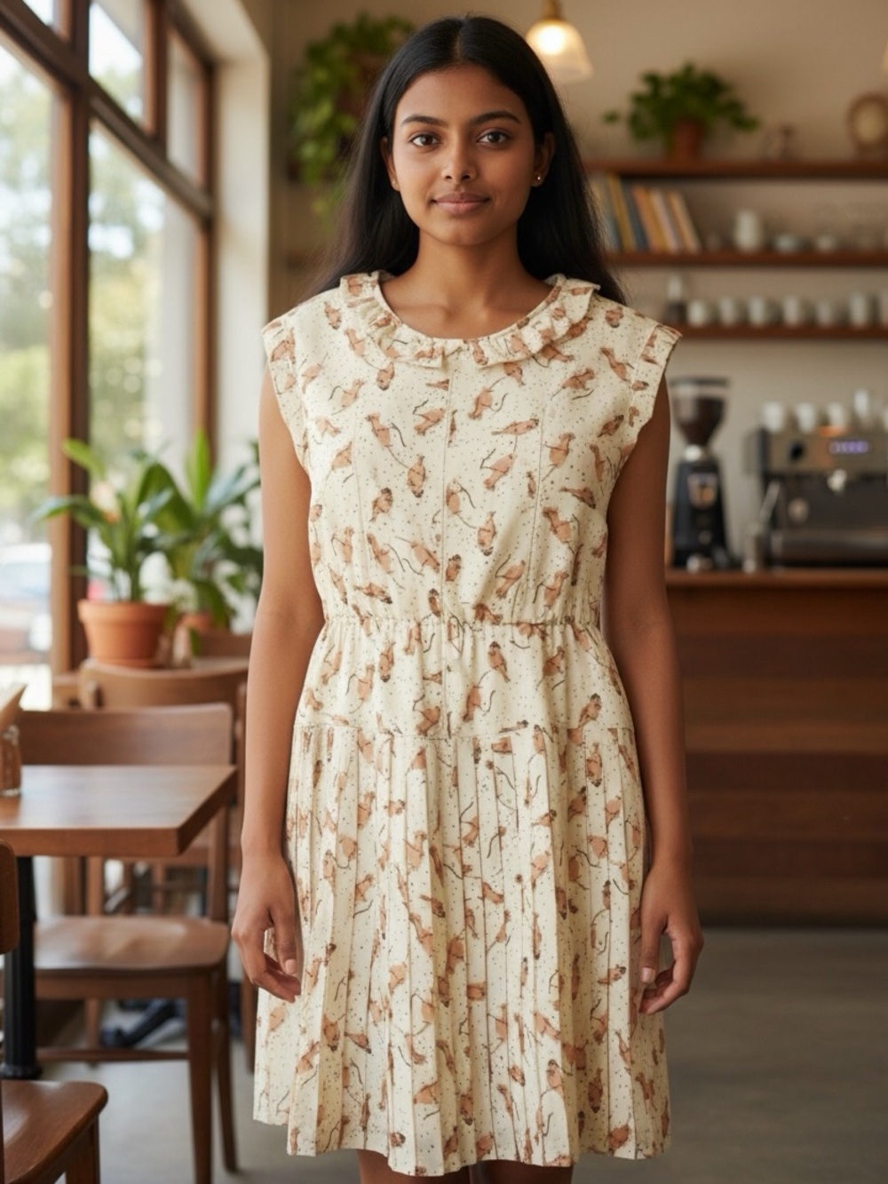 Bird Print Pleated Dress Womens Medium Ivory Cottagecore Willow & Clay